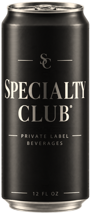 A matte black 12 fl oz can printed with the Specialty Club monogram and wordmark in cream.